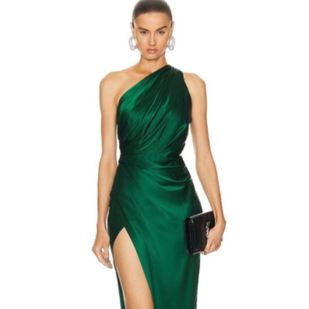THE SEI Asymmetric One Shoulder Drape Silk Gown Pine Green 4